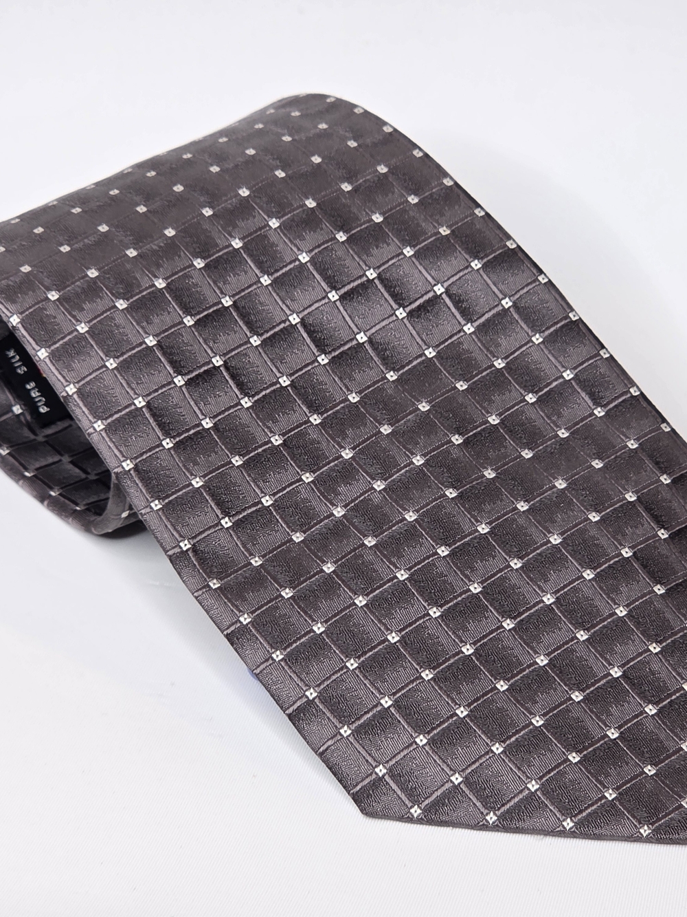 a. testoni Mens Charcoal Gray Grid 100% Silk Tie with Silver Dots 3.35"x57"